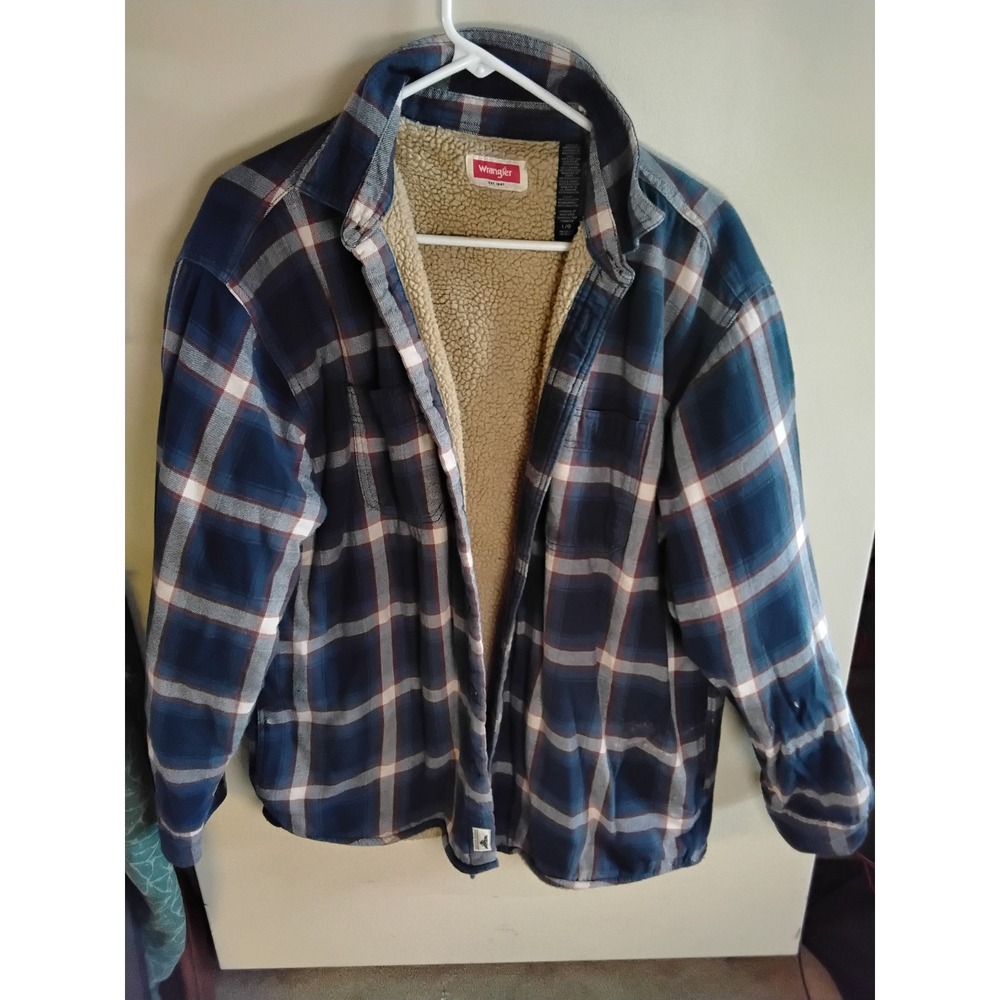 Vintage Wrangler Mens Sherpa Lined Flannel Shirt Jacket Navy Blue Plaid Large